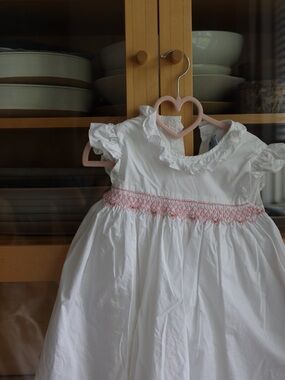 White Girls' Smocked Waist Dress with Pink Detail
